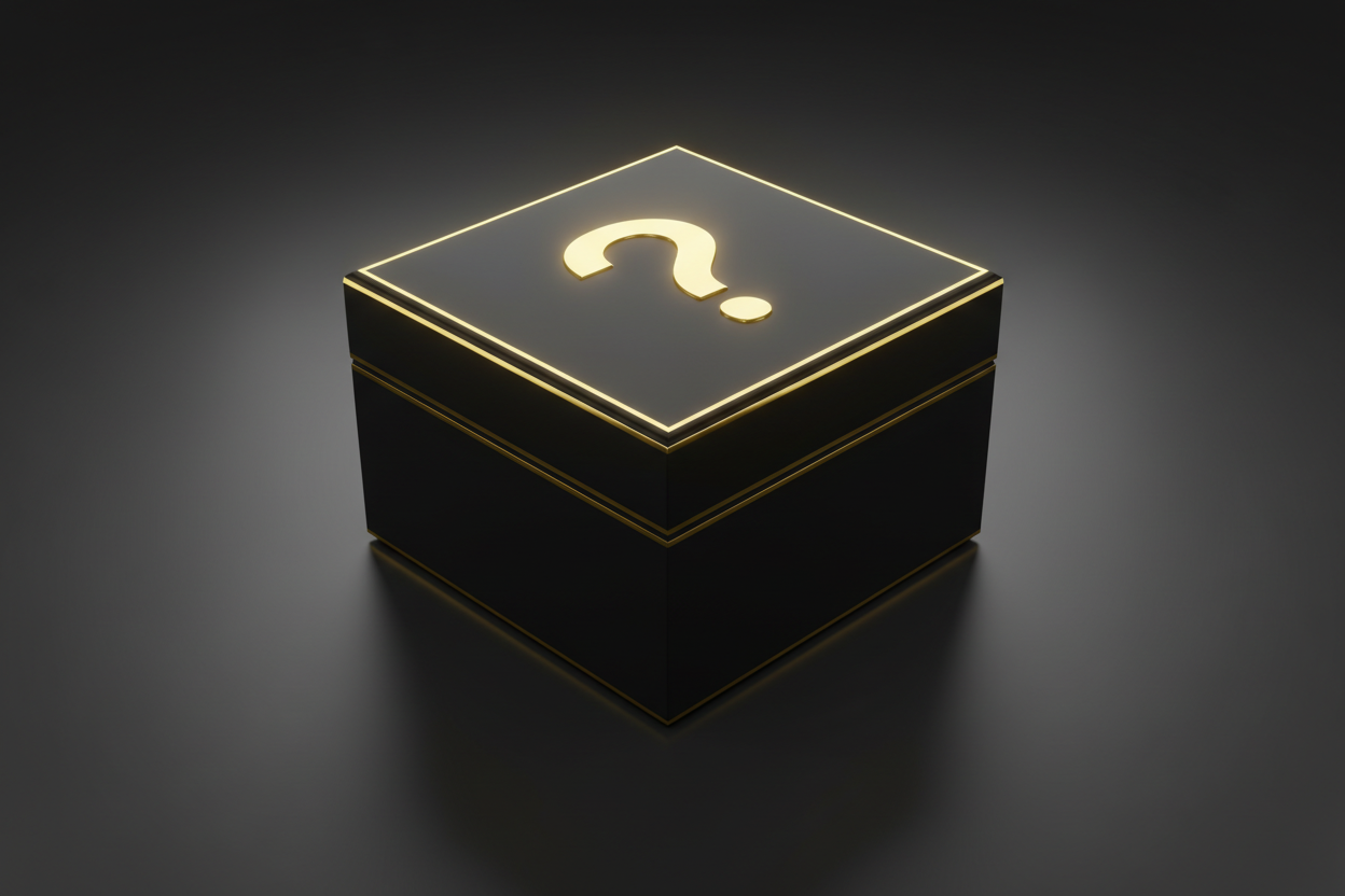 Black and gold mystery gift box with question mark on it